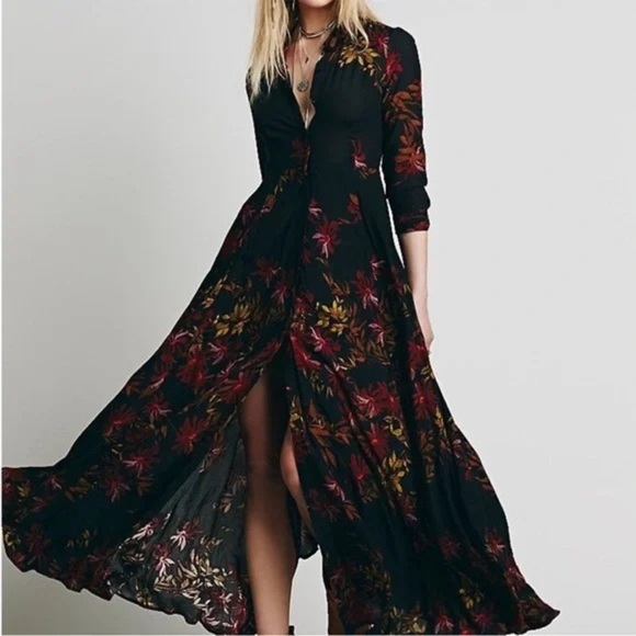 Free People Dresses & Skirts - Rare Free People After The Storm Black Red Floral Print Boho Maxi Shirt
Dress 4